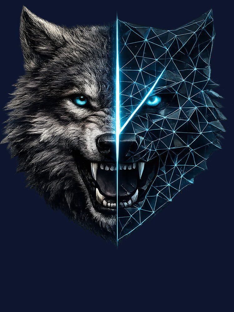 Cyber Wolf Split Face - Geometric Predator Animal Design by CreativeMindsetLab