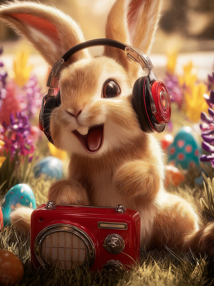 Cartoon rabbit wearing headphones enjoys music beside colorful Easter eggs in garden setting by Stellar Geometry