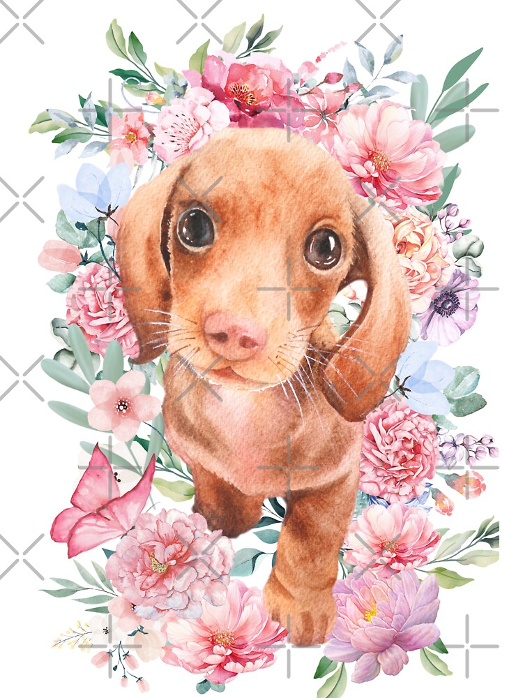 Puppy with flowers by Emilyprintart
