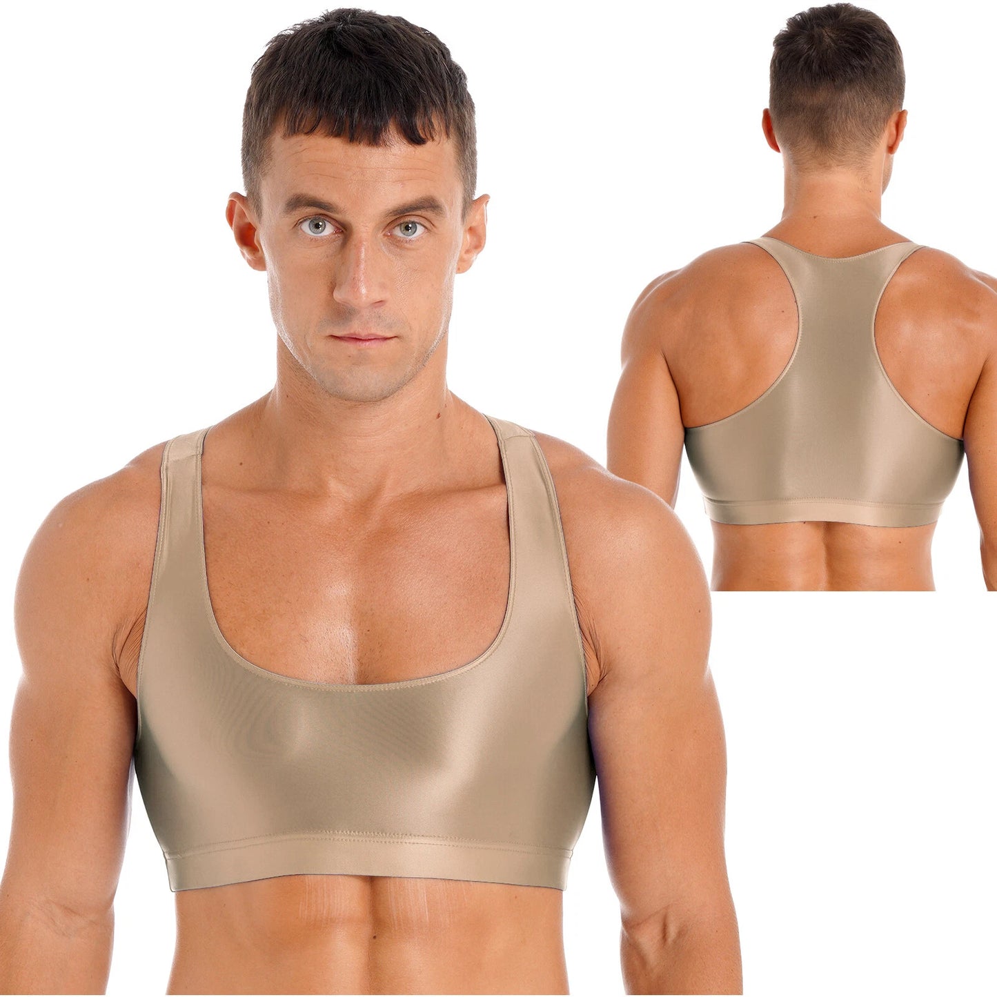 Men's Glossy Sleeveless Muscle Sports Bra Gym Bodybuilding Shirt Vest Crop AU