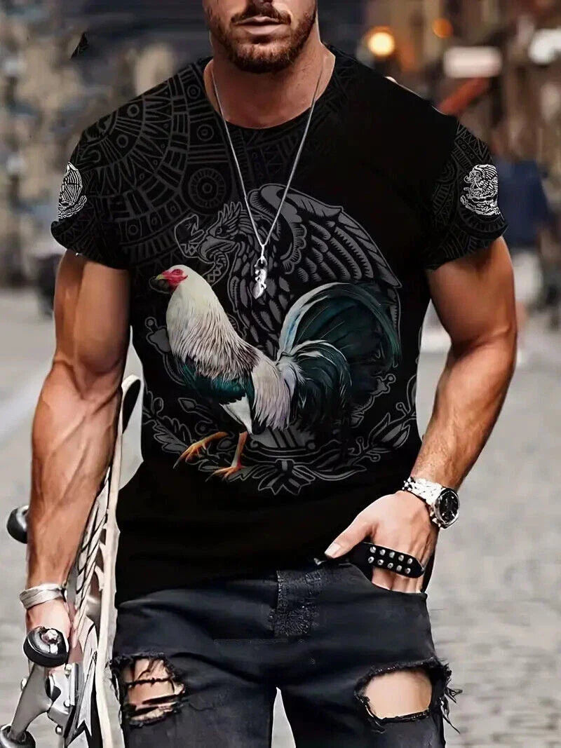 Camiseta Gallo Mexicano Azteca Águila Novedad Moda Manga Corta Hombre Camisa Tee