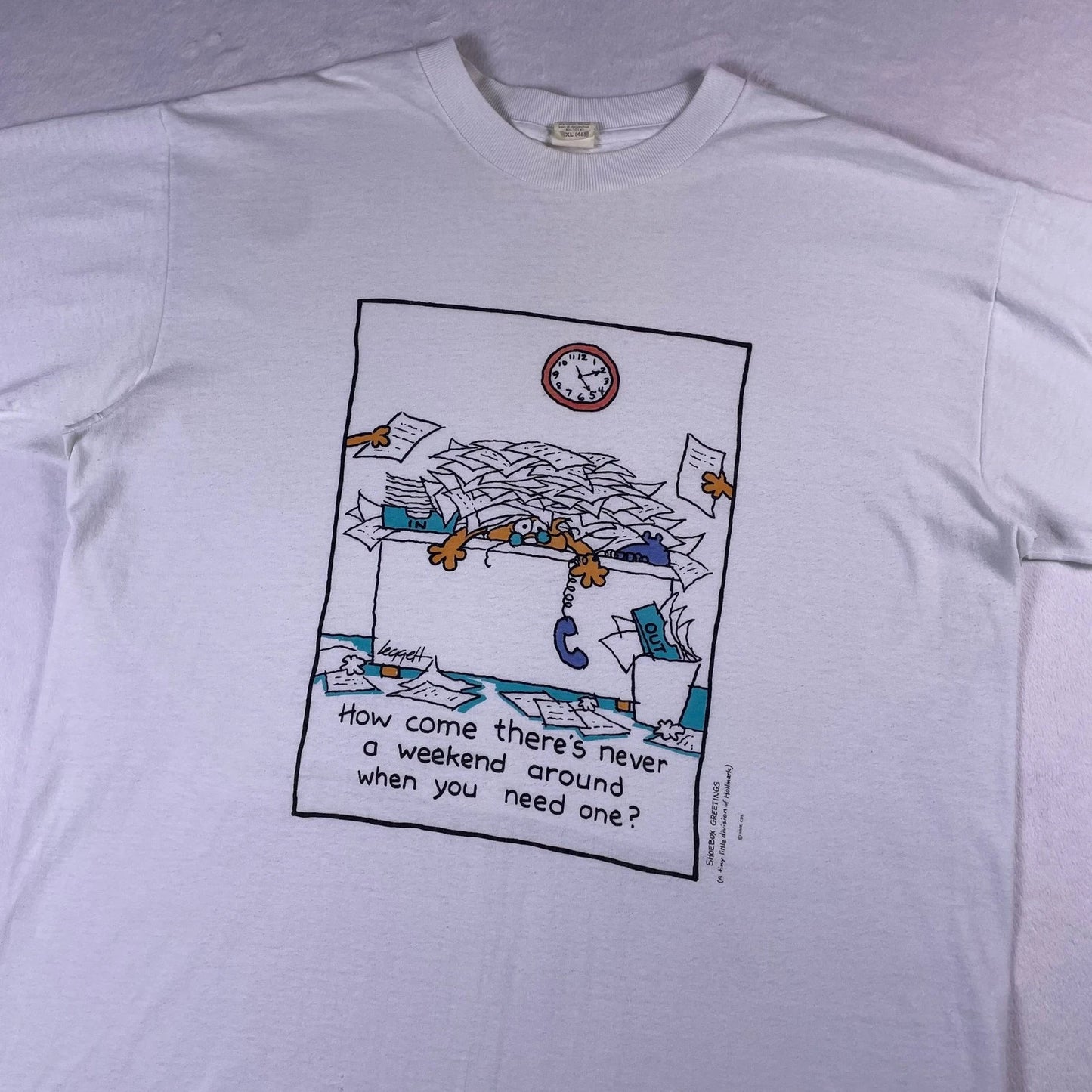 Vtg 90s Office Cartoon Art Tee XL Weekend Cat Parody Paperwork Single Stitch USA