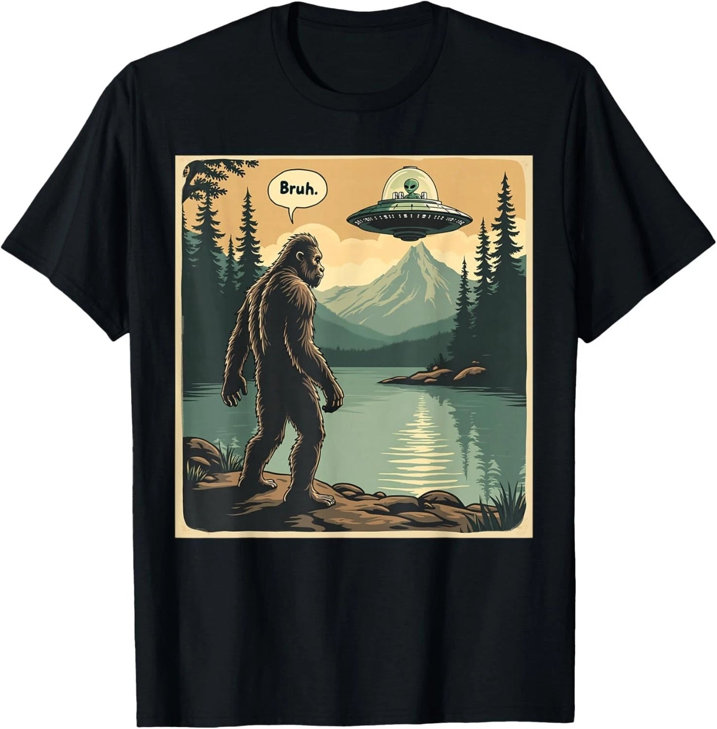 Funny Bigfoot Sasquatch Alien Spaceship UFO Introvert Bruh Gift Unisex T-Shirt
