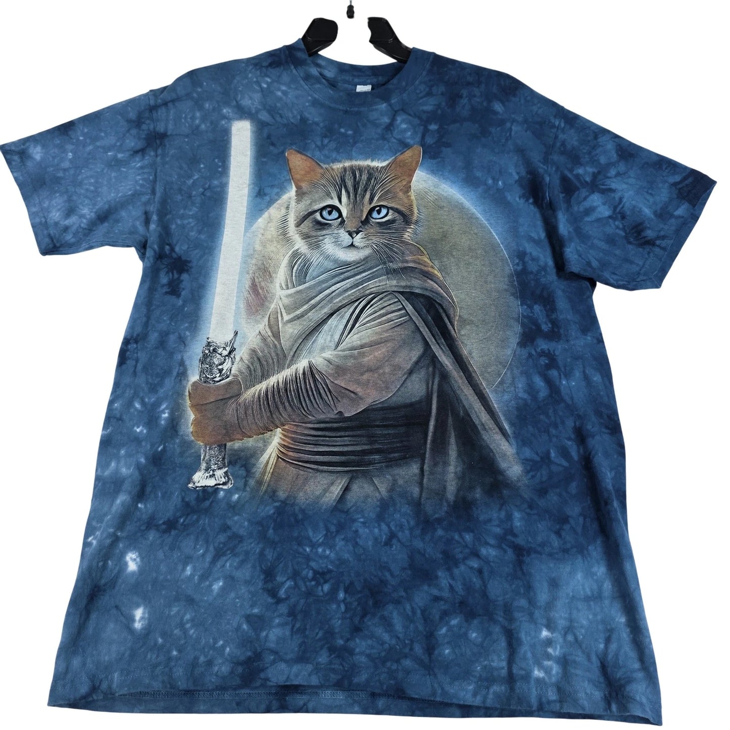 Cat Jedi Shirt Mens Large Blue Tie Dye Star Wars Graphic Tee Lightsaber Galaxy