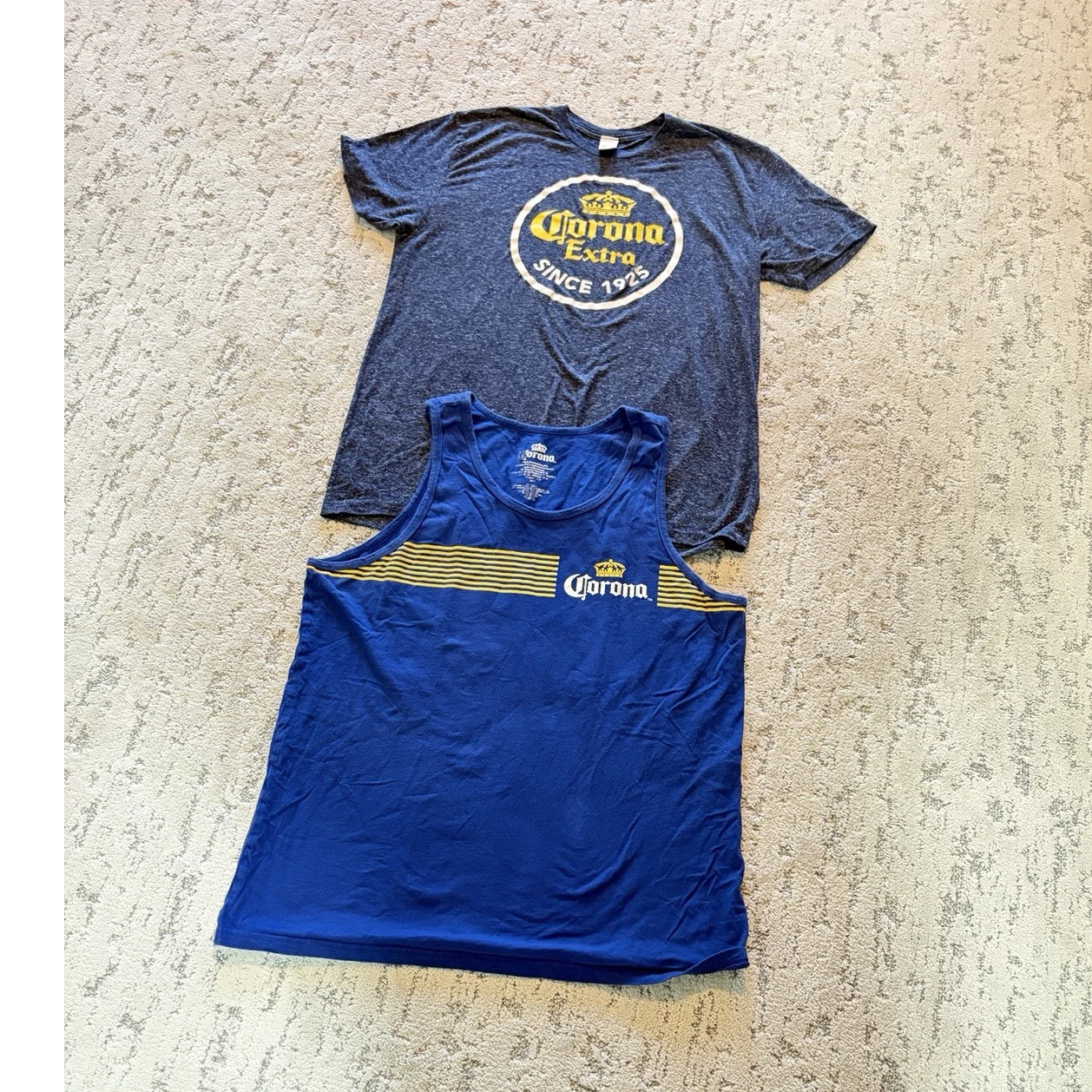 Corona Men's T-Shirt Tank Top Lot L Blue Yellow Graphic Print Logo Beer