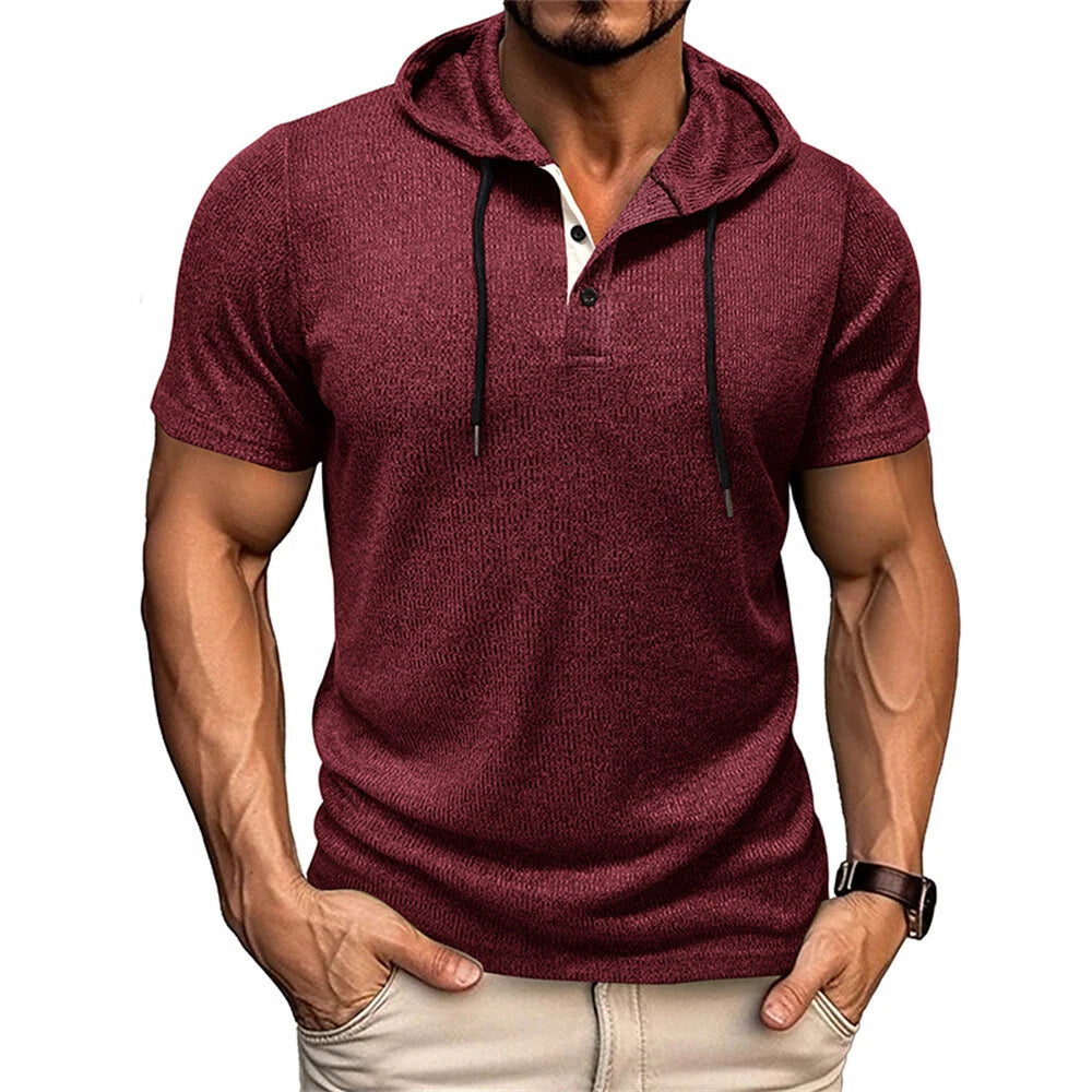 Mens Hooded Short Sleeve Henley Shirt Casual Slim Shirts Button Tops Blouse