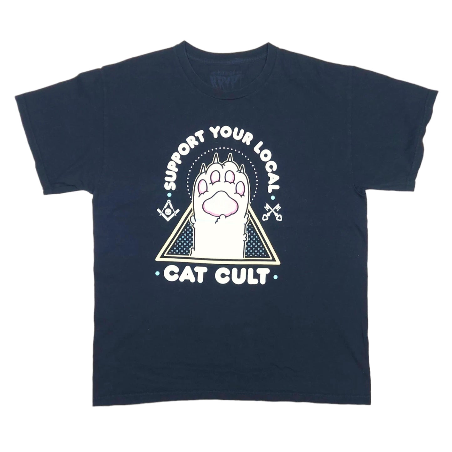 Kawaii Krypt Support Your Local Cat Cult Official Licensed Black T-Shirt Size L