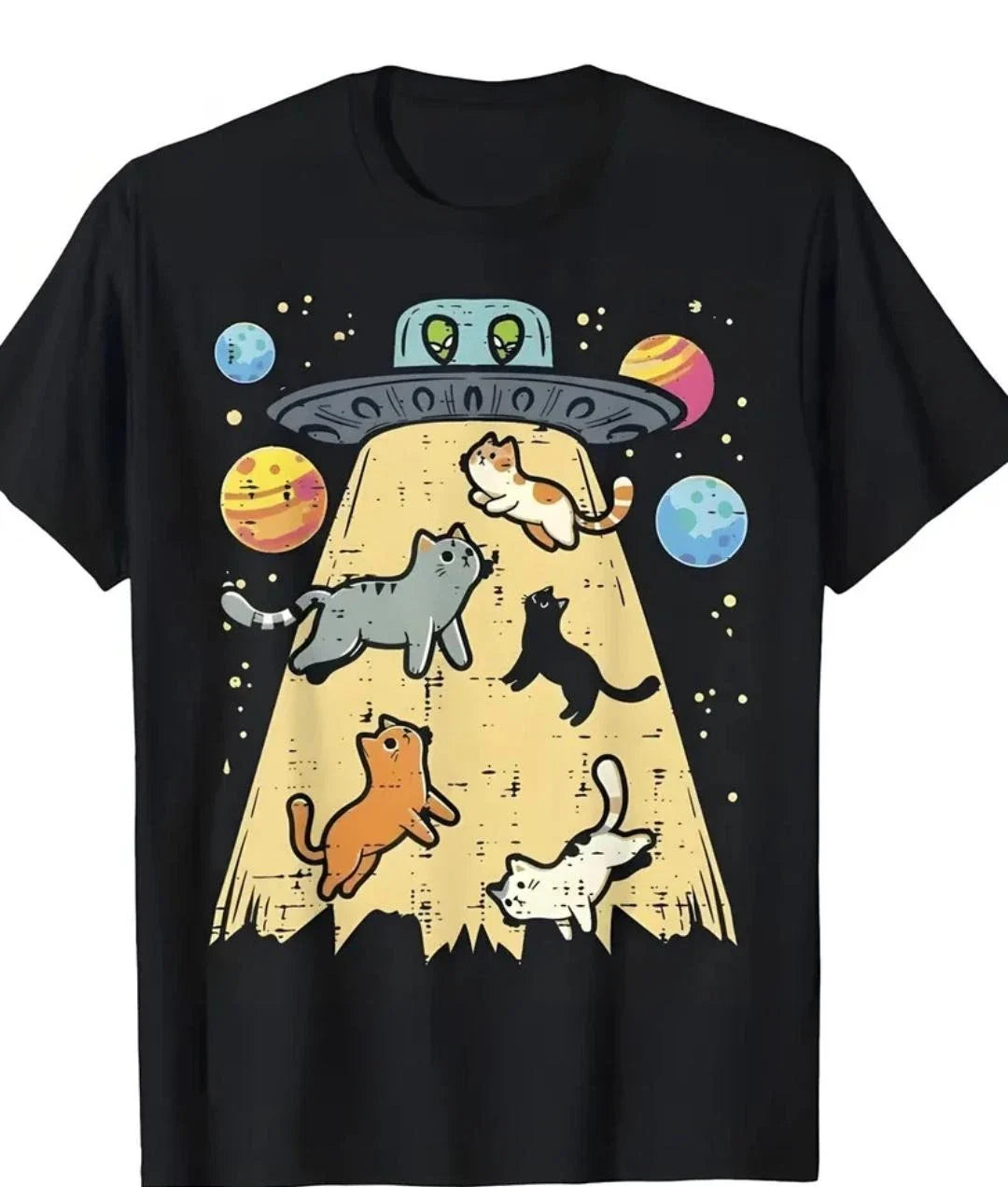 Cat Lover T-Shirt UFO Alien Gift Gato Present Graphic Tee Funny Space New Small