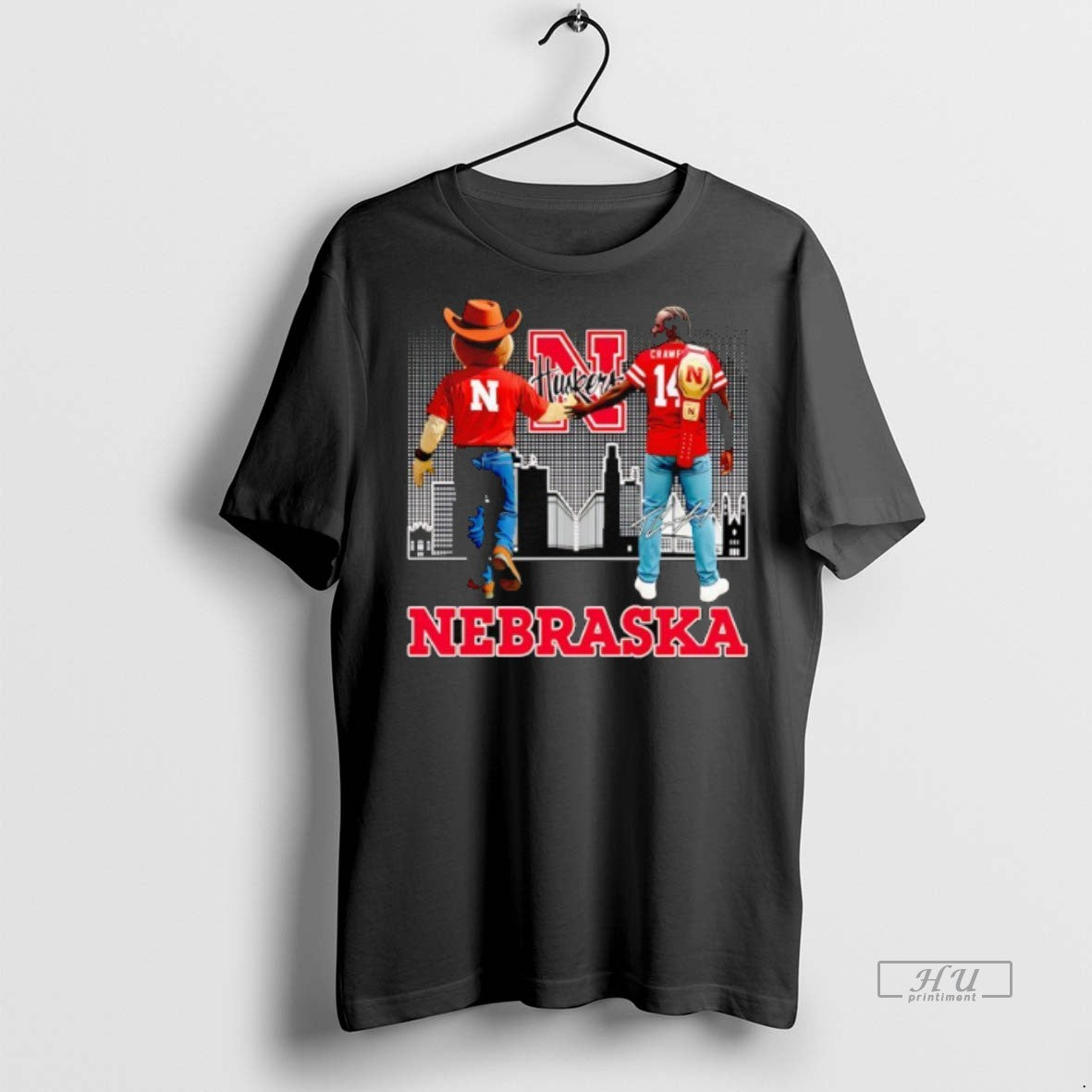 Viral Herbie Husker And Crawford Nebraska Cornhuskers City Skyline Signature Tee Shirt Sweater