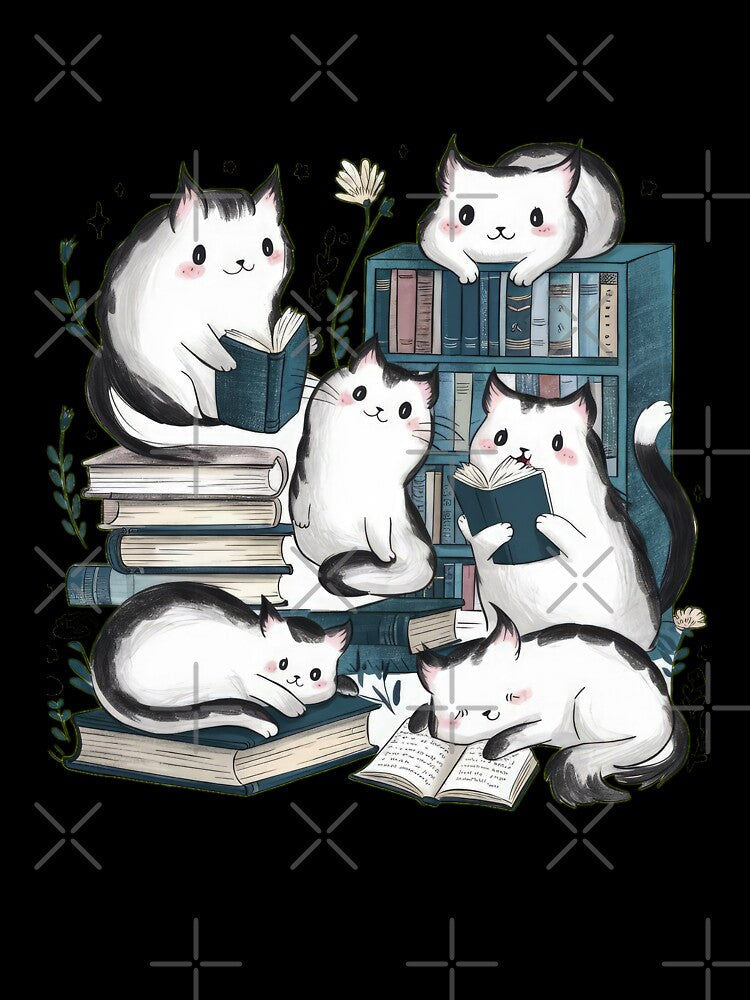 cute funny white cat pattern cheerful  cats in the library cabinet with books ,aesthetic cat art,funny cat,Cat Lover,cute cat,cat pattern by Expressions-Sel