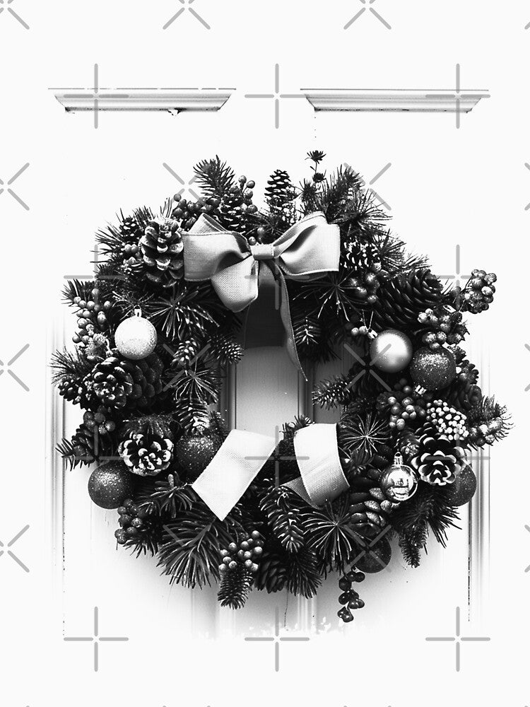 Christmas Wreath on Door – Elegant Black and White Holiday Decor Illustration by inkoutninja