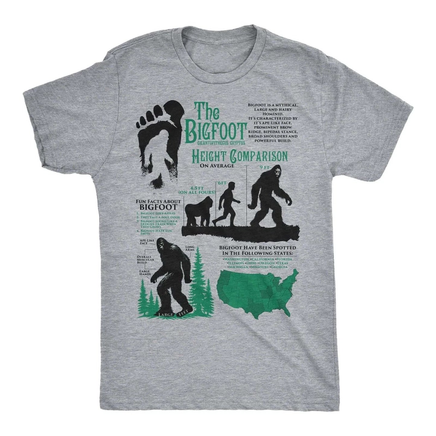 Mens Funny T Shirts Bigfoot Facts Sheet Sarcastic Sasquatch Graphic Novelty Tee