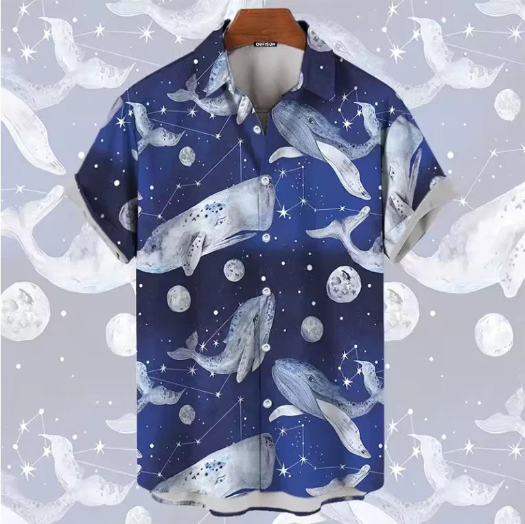 Mens Button Down Shirts Sea Creatures Printed Hawaiian Tops Novelty Gift Shark