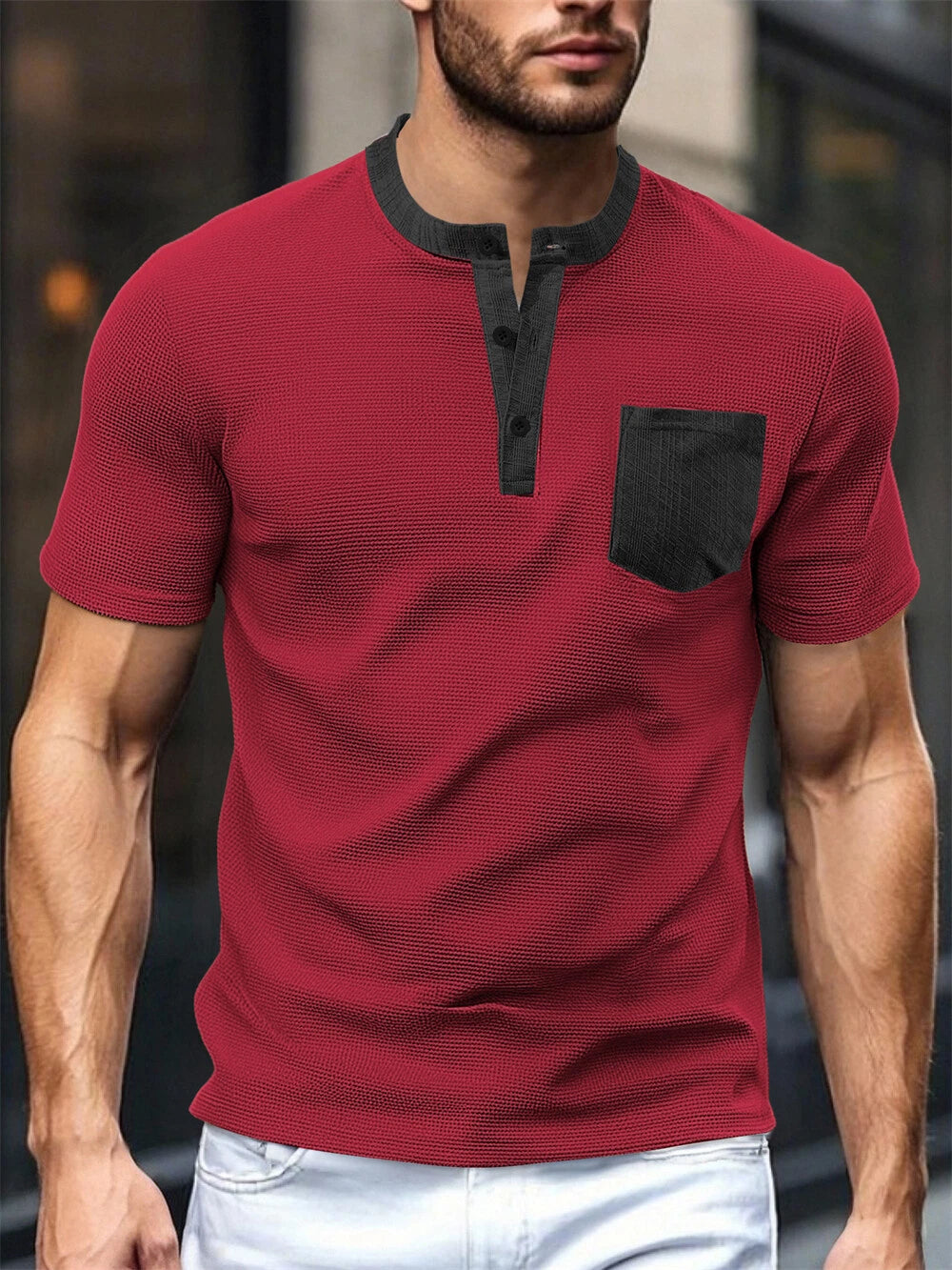 Mens Short Sleeve Henley Shirt Casual Slim Shirts Button Tops Blouse