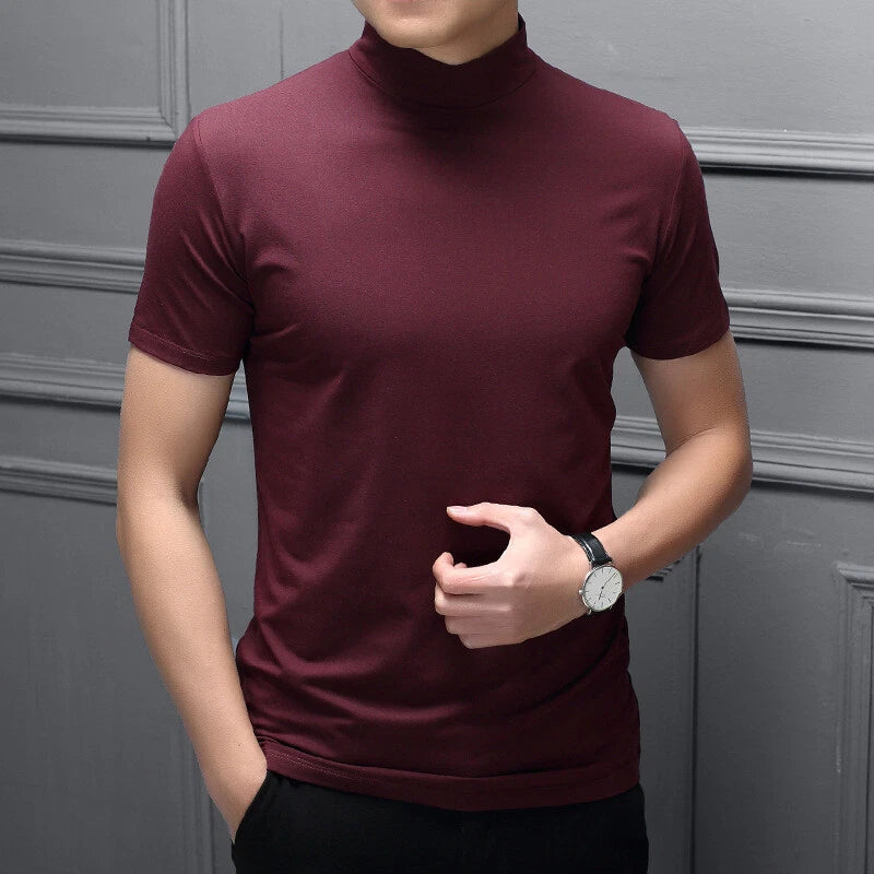 Mens Summer Slim Mock Neck Basic T-shirt Blouse Pullover Short Sleeve Tops