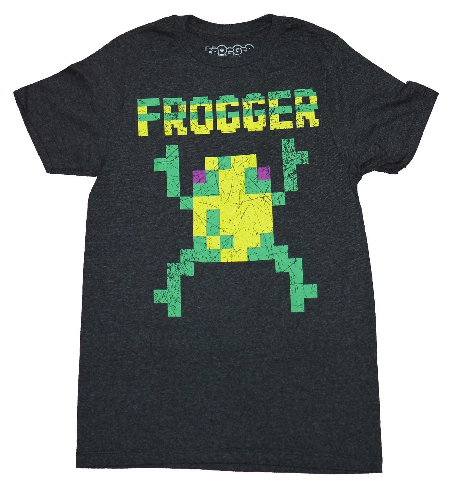 Frogger Adult New T-Shirt - Distressed 8-Bit Frog and Logo Pic