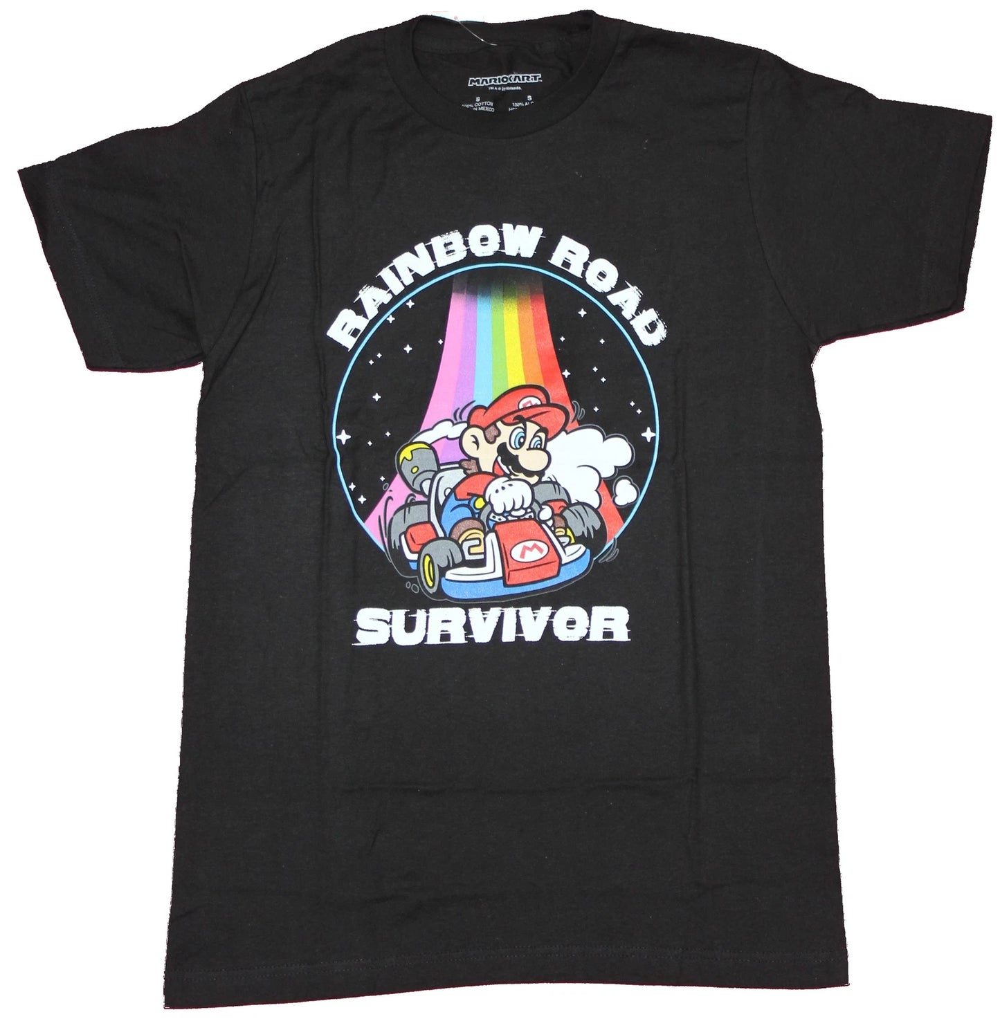 Mario KArt Adult New T-Shirt  - Rainbow Road Survivor Mario Rainbow Pic