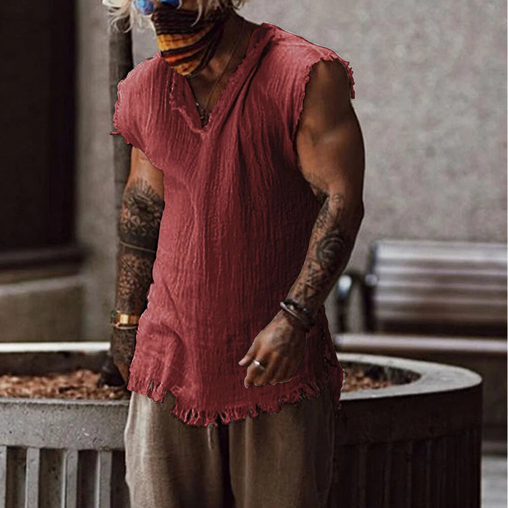 Summer Mens Cotton Loose V-Neck Vest Distressed Raw Edge Sleeveless Tees Tops