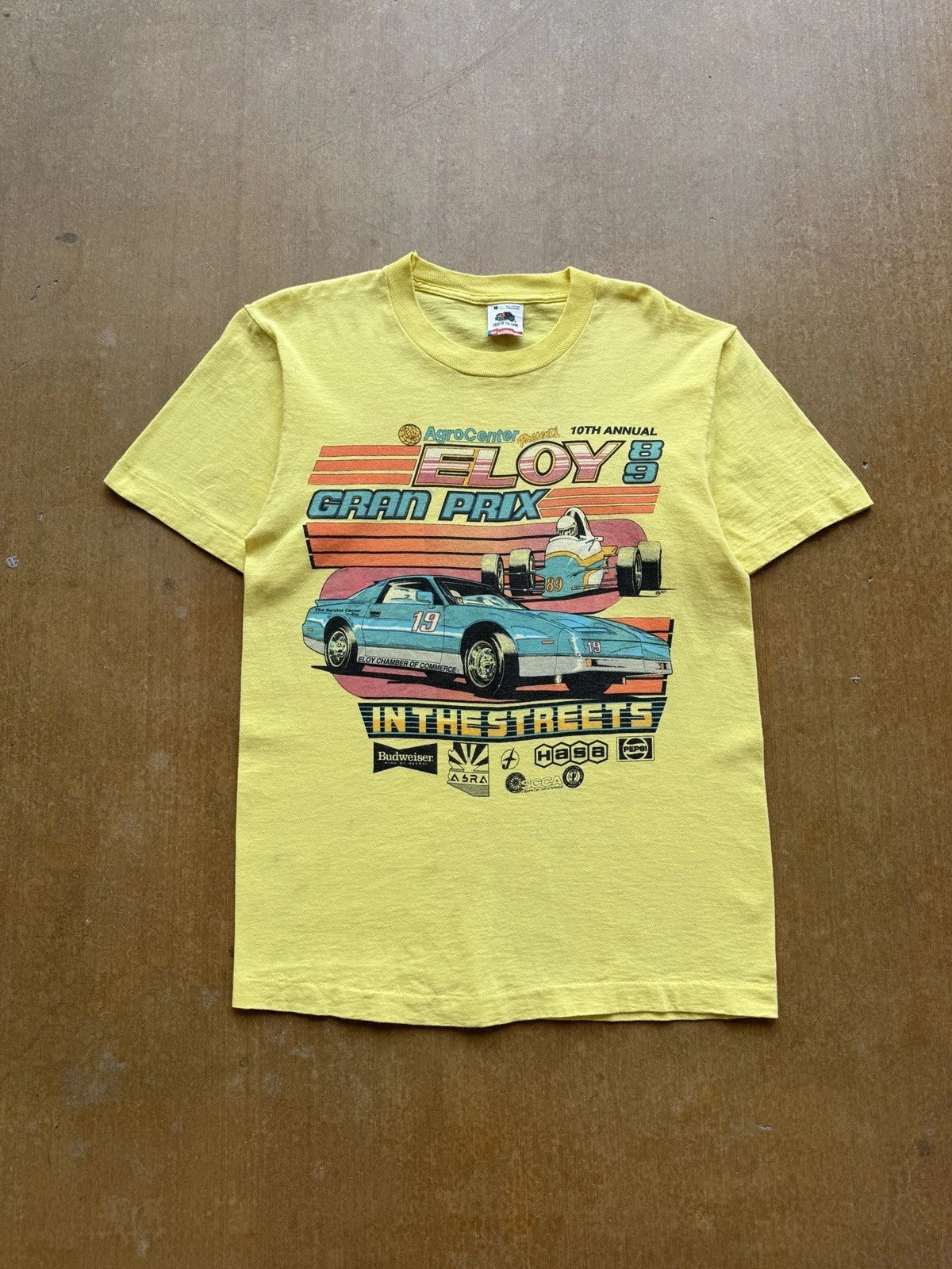VTG 80s Budweiser Beer NASCAR Racing Eloy Gran Prix T-Shirt Lightweight Yellow M
