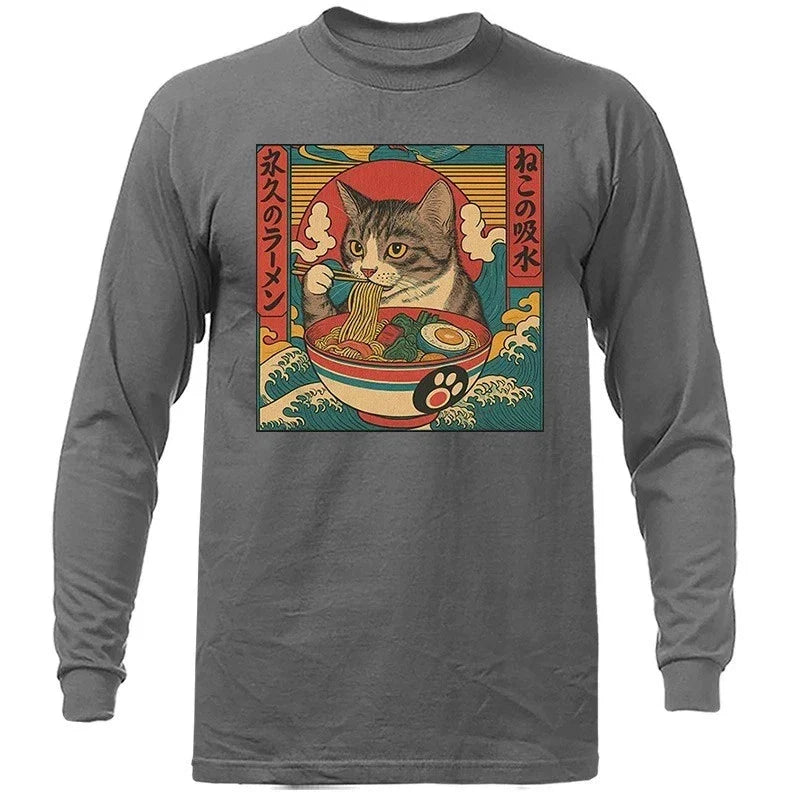 Cat Eating Ramen Noodles Kawaii Anime Manga Japanese Food Humorous Long Sleeve