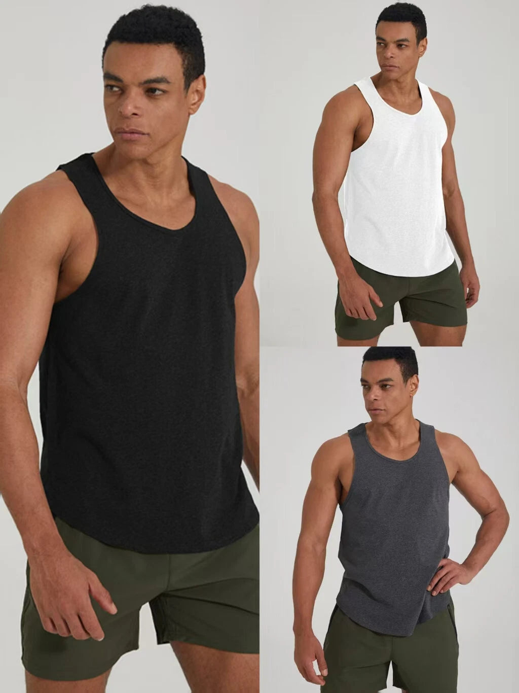Men's gym sports fitness training Tank Top  cotton curved hem split vest