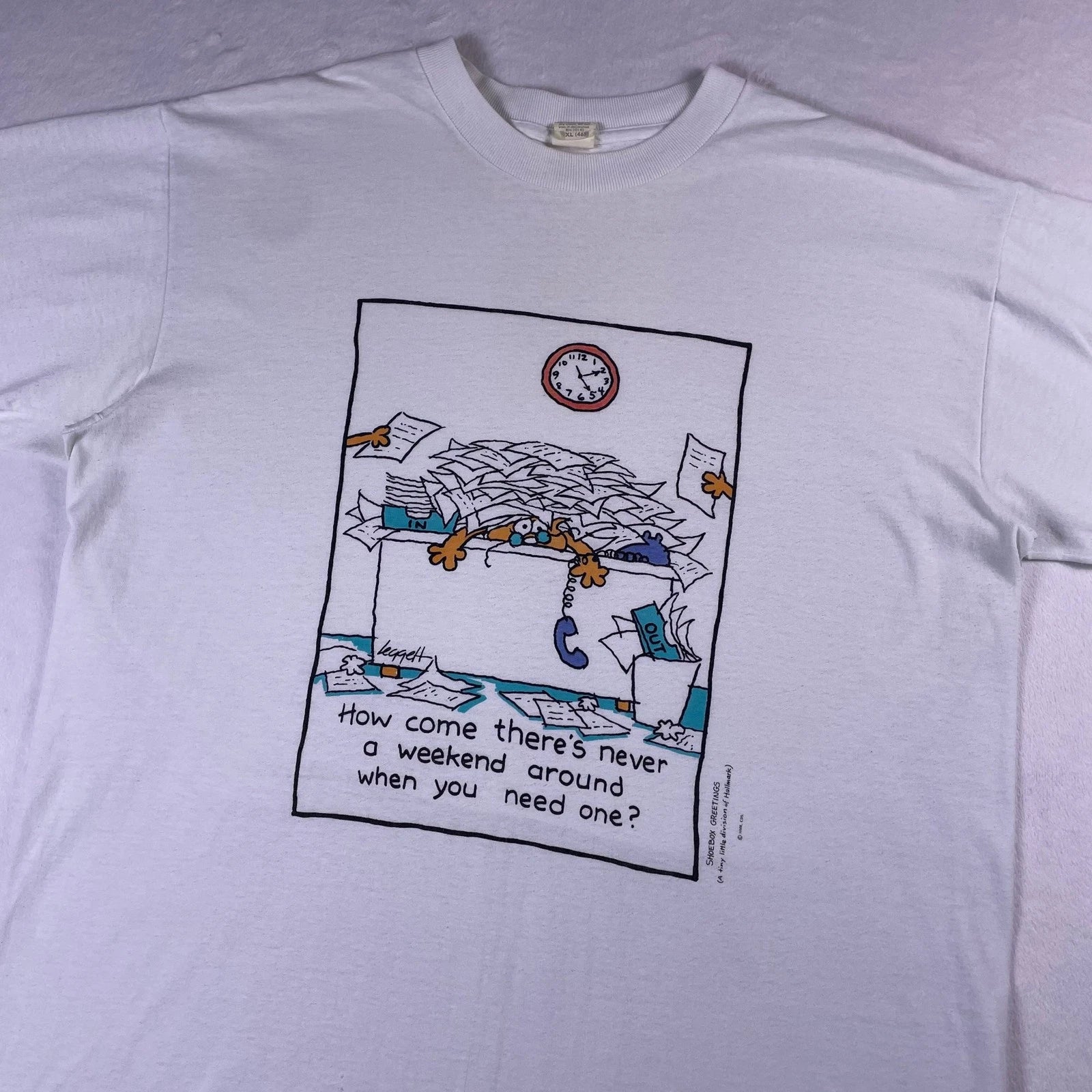 Vtg 90s Office Cartoon Art Tee XL Weekend Cat Parody Paperwork Single Stitch USA