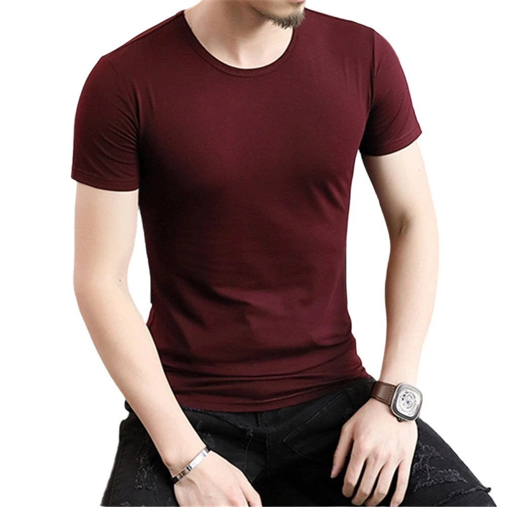 Short Sleeve Top Men Slim T-shirt Casual Outfit Short Sleeve Round Neck Slim Fit