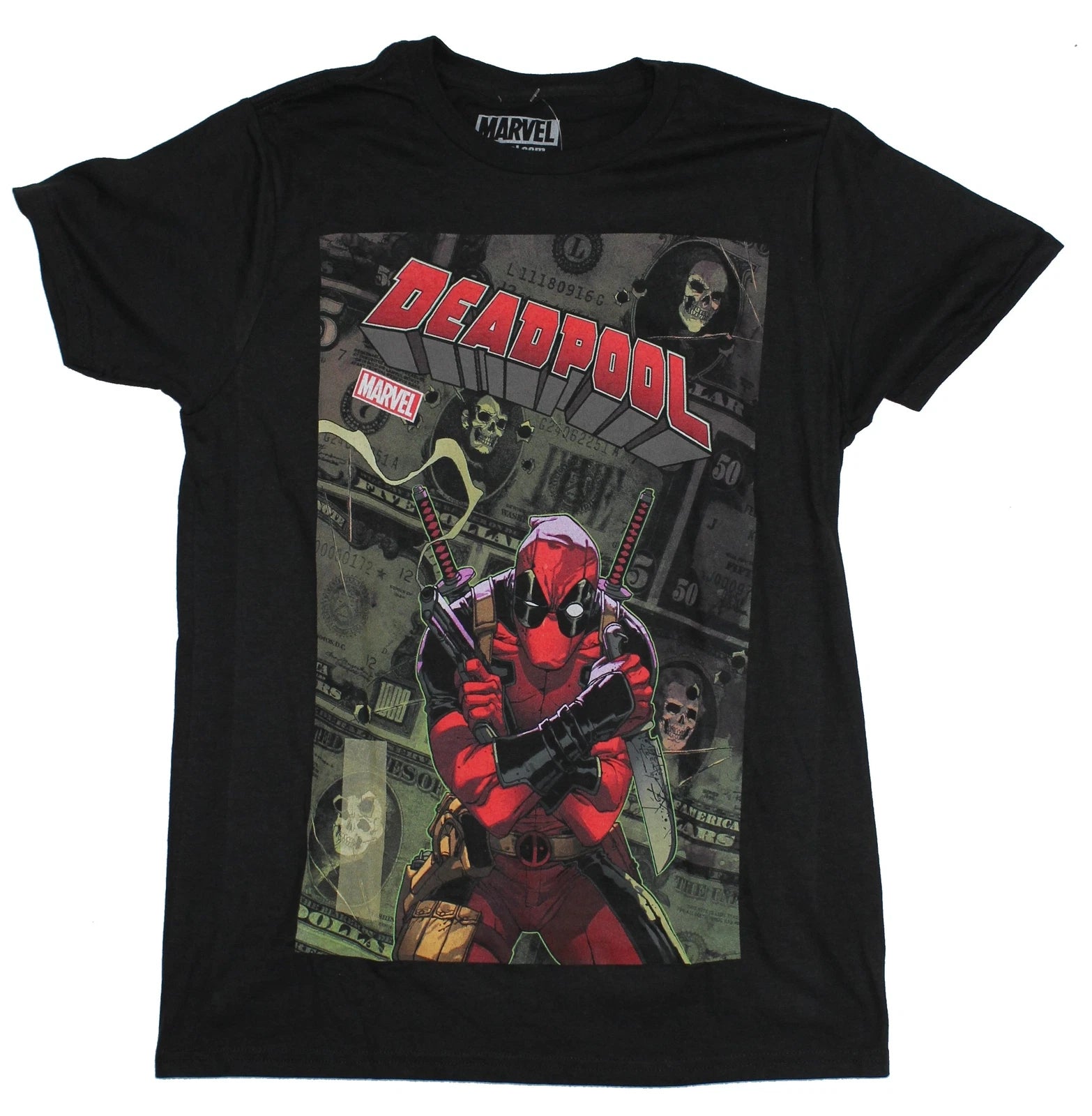 Deadpool Marvel Adult New T-Shirt - Deadpool Posed Over Money Background