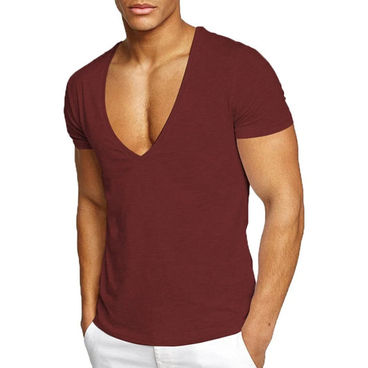 Shirt Tunic Tees Tops T-Shirt Pulloverdeep V Neck Slim Fit 100% Cotton Men #