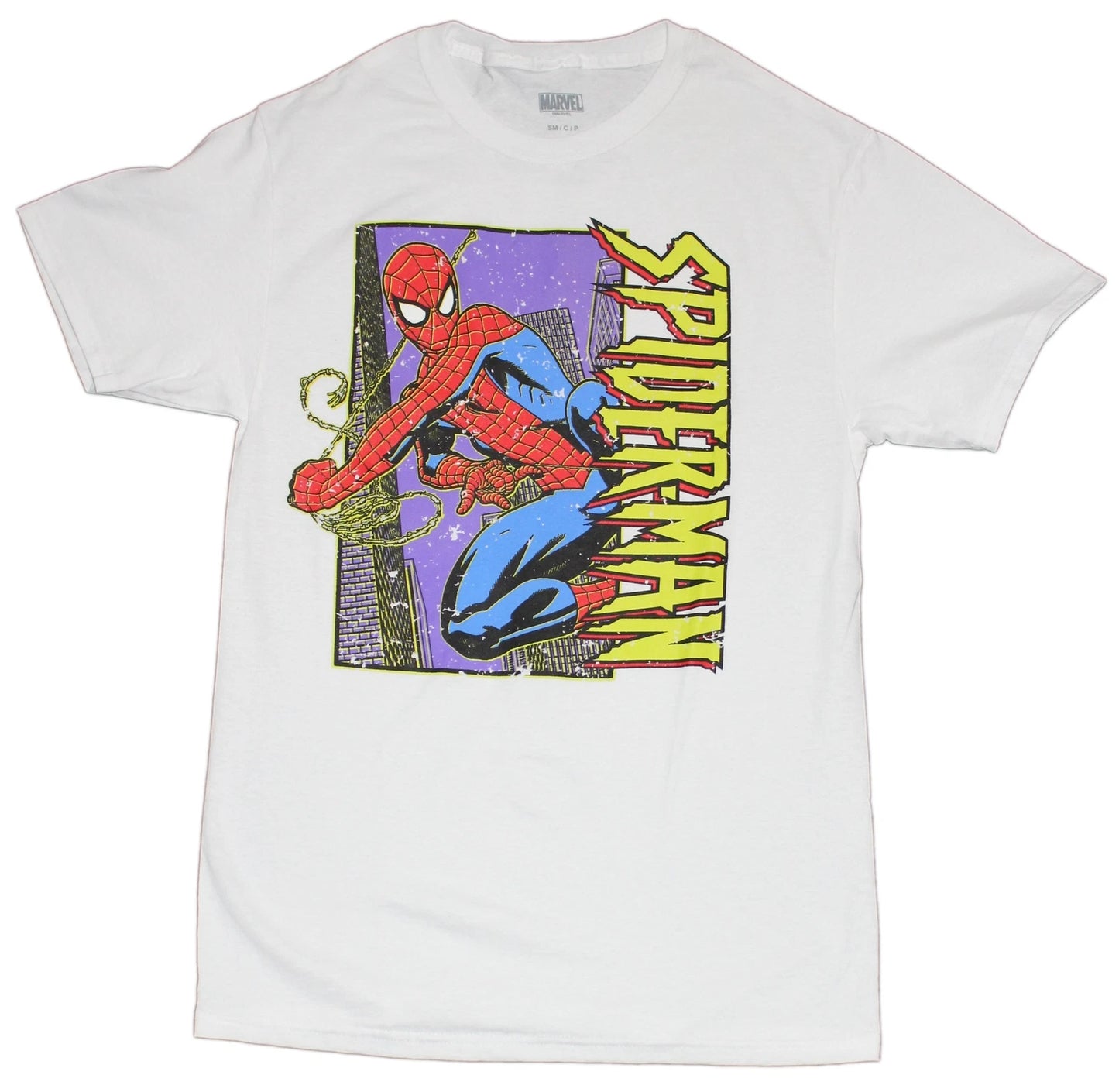 Spider-man New Adult T-Shirt - Flying In Purple City Vertical Logo