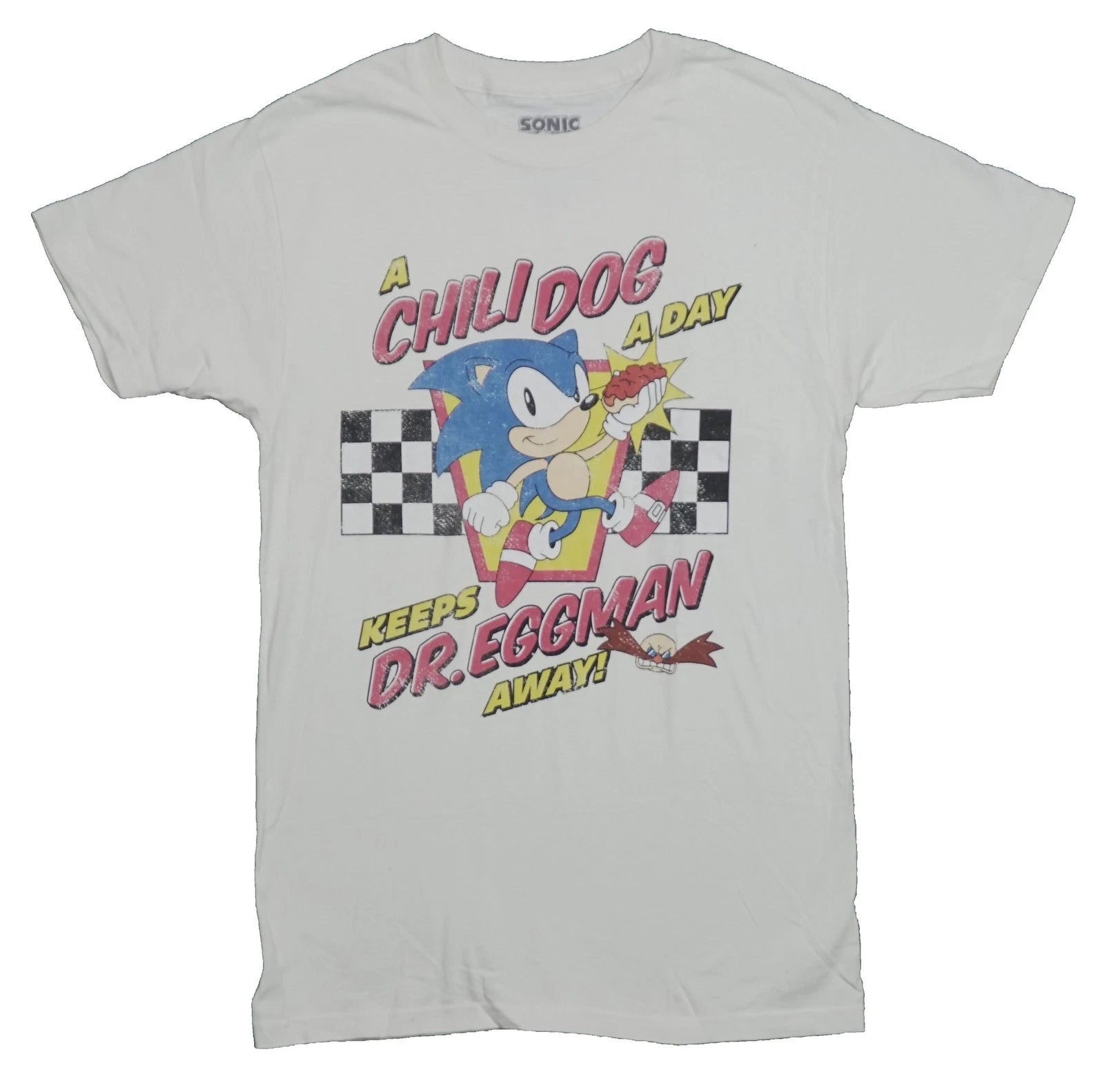 Sonic the Hedgehog  New Adult T-Shirt - "A Chili Dog Keeps Dr. Eggman Away!"