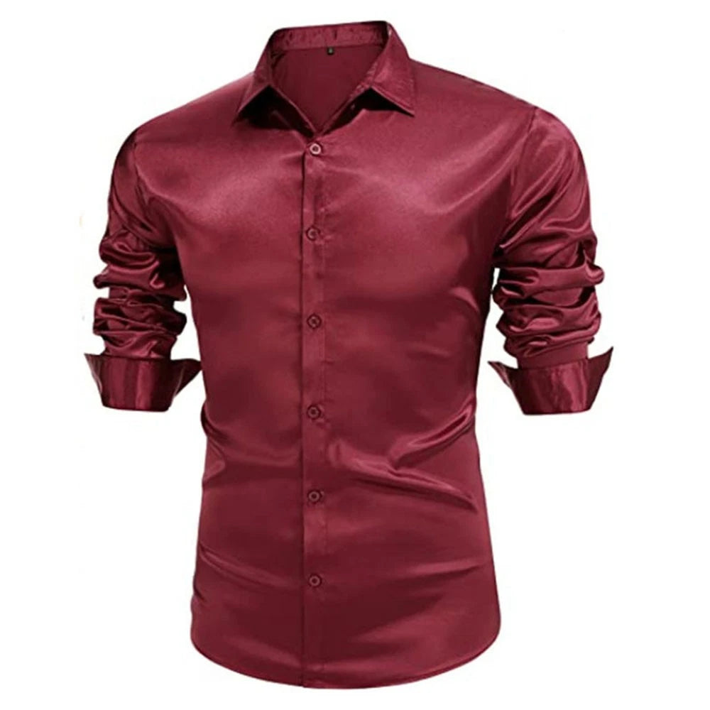 Long Sleeve Satin Silk Shirts Dress Shirt Men's Tops Male Blousesolid #