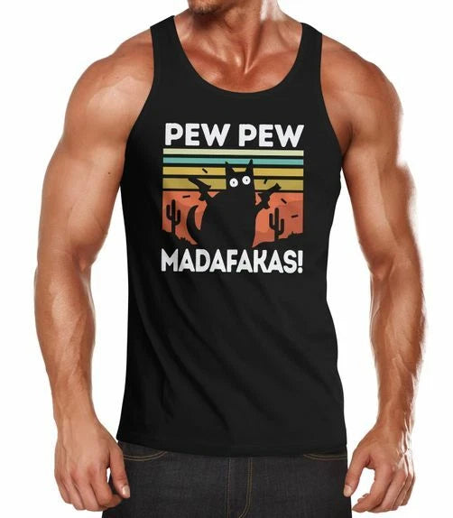 Mens Tank Top Pew Pew Madafakas! black cat saying meme funny muscle