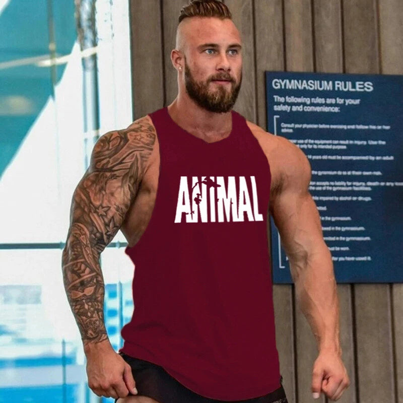 Men's Gym Workout Printed "ANIMAL" Tank Top VEST Fitness Bodybuilding Stringer