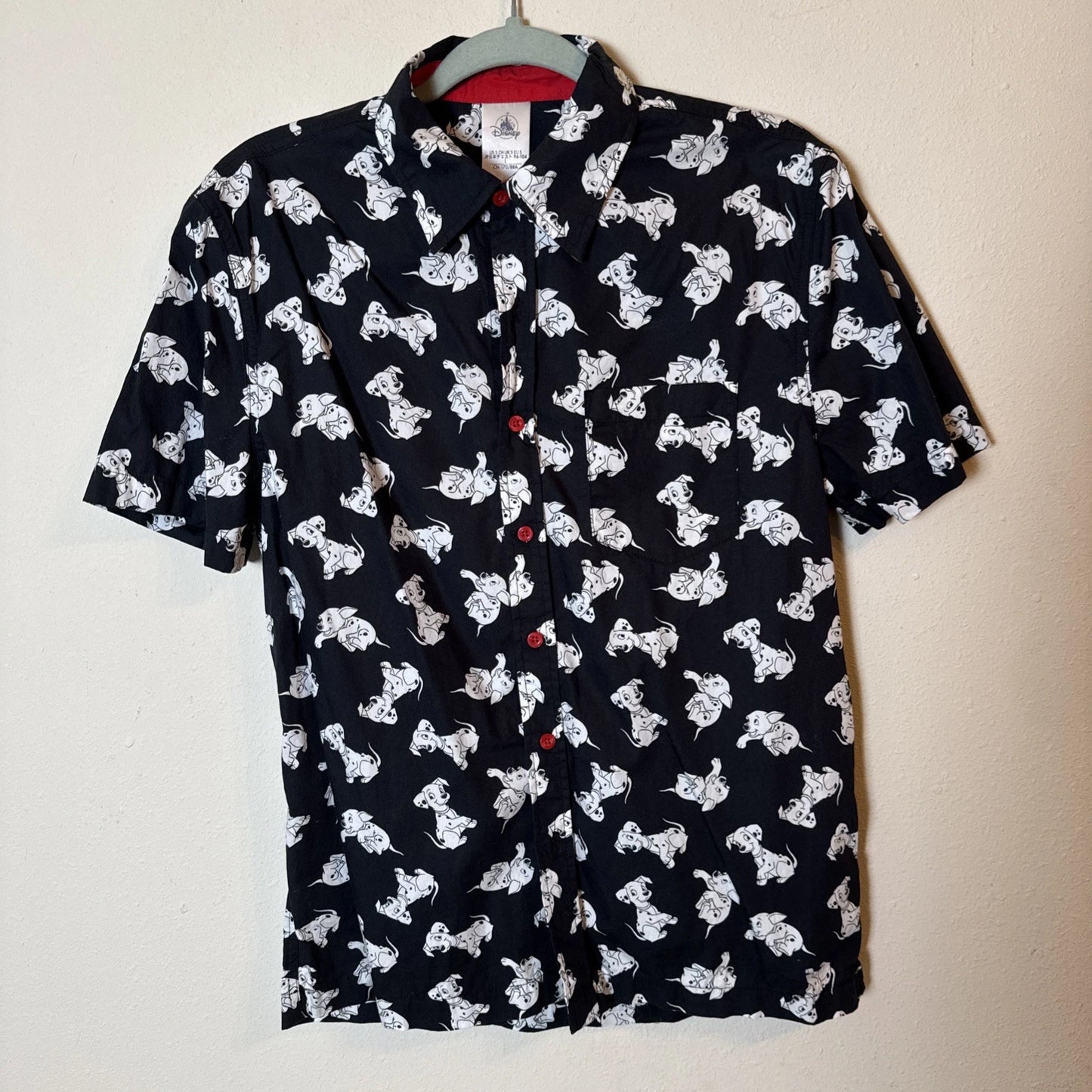 Disney Parks Adult Shirt Size Small in Black Button Front Dalmatian Puppies