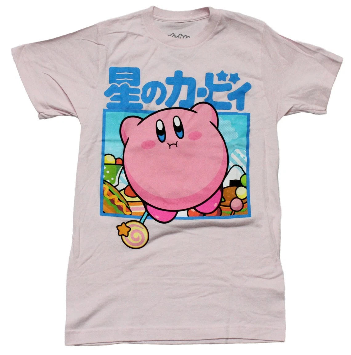 Kirby New Adult T-Shirt - Puffy Kirby Under Blue Kanji in Blue Frame