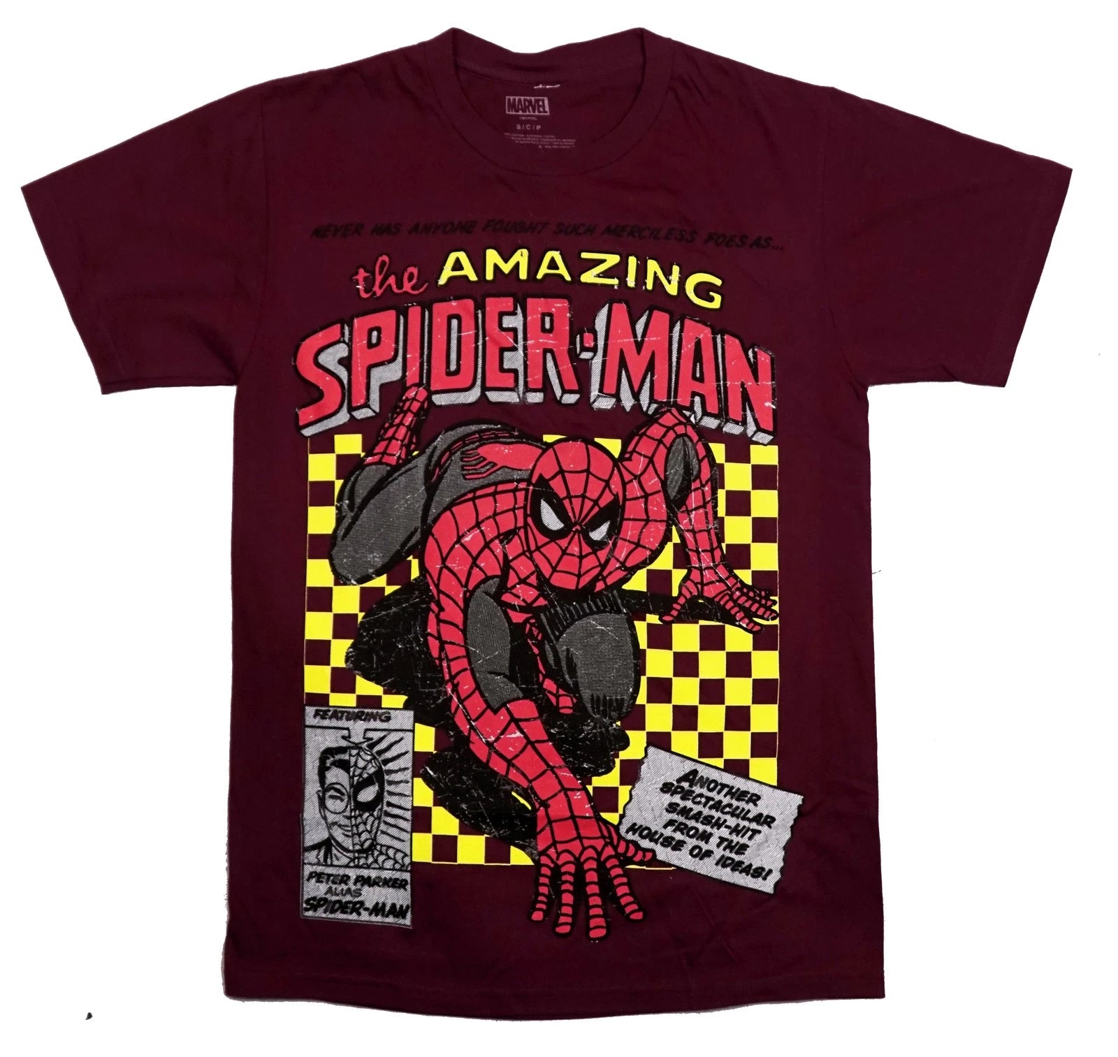 Spider-Man Mens T- Shirt - Crawling Yellow Checker Board Peter Parker Alias