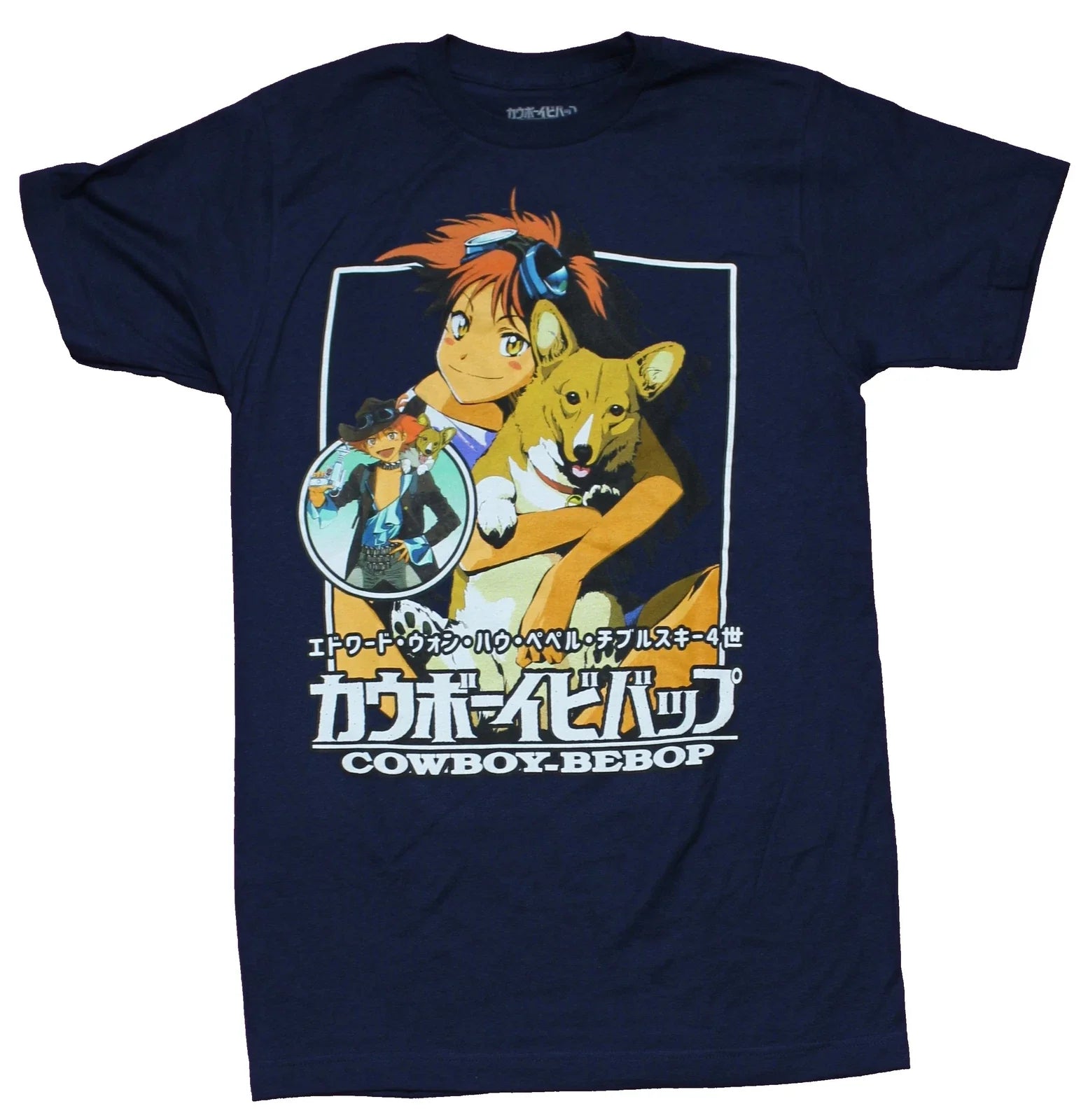 Cowboy Bebop Adult New T-Shirt - Ein and Ed Collage Over Logo