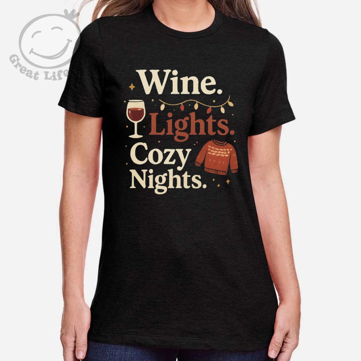 Wine. Lights. Cozy nights, Christmas T-Shirt