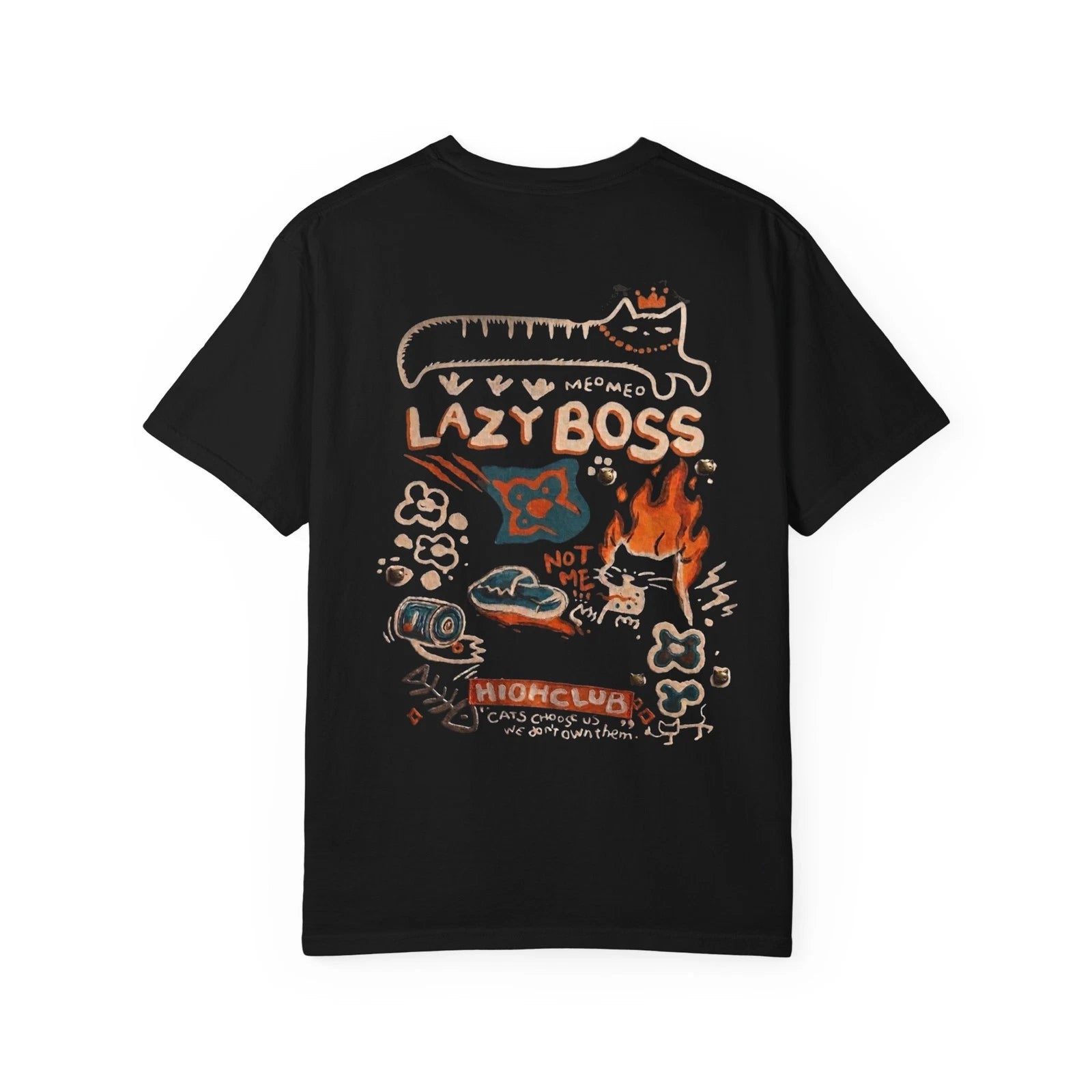 Lazy Boss graphic T-Shirt | Cat doodle, flames, retro collage