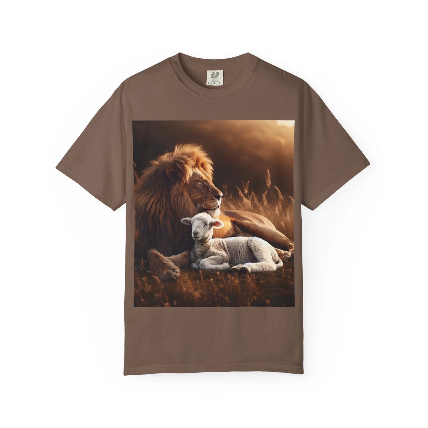 Unisex Garment-Dyed T-shirt, Beautiful, Scriptural-Lion laying with a Lamb.