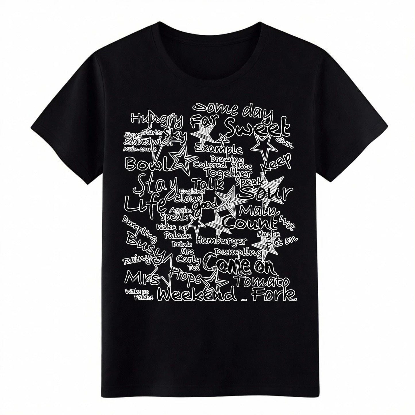 Hand Drawn Word Collage T-Shirt Casual Life Quote Graphic Tee for Everyday Wear