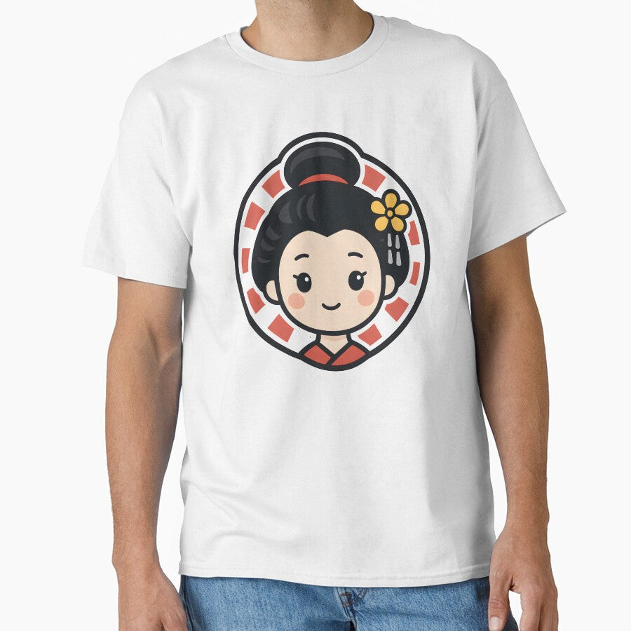 Kawaii Geisha with Yellow Flower and Red Sun | Japanese Art Illustration by OsasChild