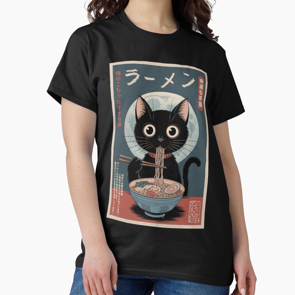 Funny Black Cat Ramen Japanese Funny Graphic Tees Kawaii Cat Anime Gifts by Damcoc