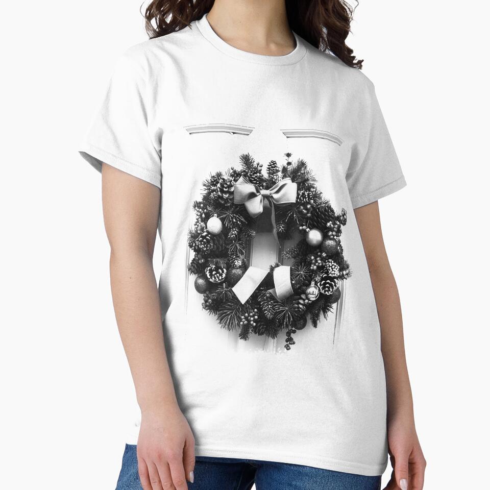 Christmas Wreath on Door – Elegant Black and White Holiday Decor Illustration by inkoutninja