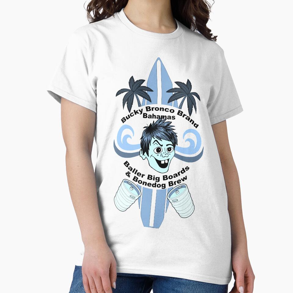 Blue Bucky Bronco Brand Bahamas Baller Big Boards & Bonedog Brew Funny Novelty T-Shirt by Captain Jack's Pirate Hats