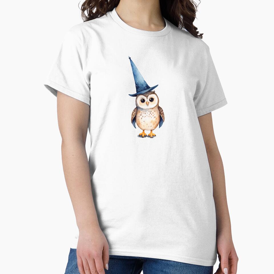 Vibrant Watercolor owl is wearing a blue hat by Victoria Riabov
