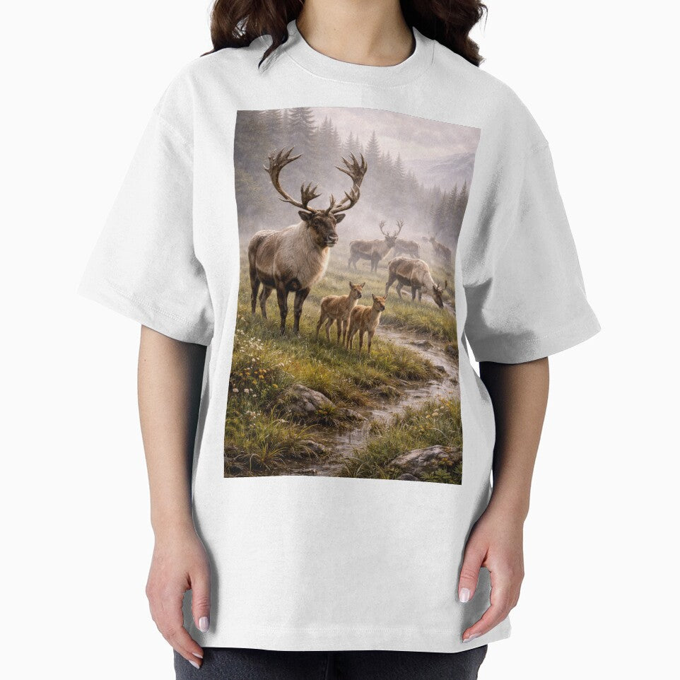 Caribou Herd with Calves – Northern Wilderness Wildlife Scene by VandVArt