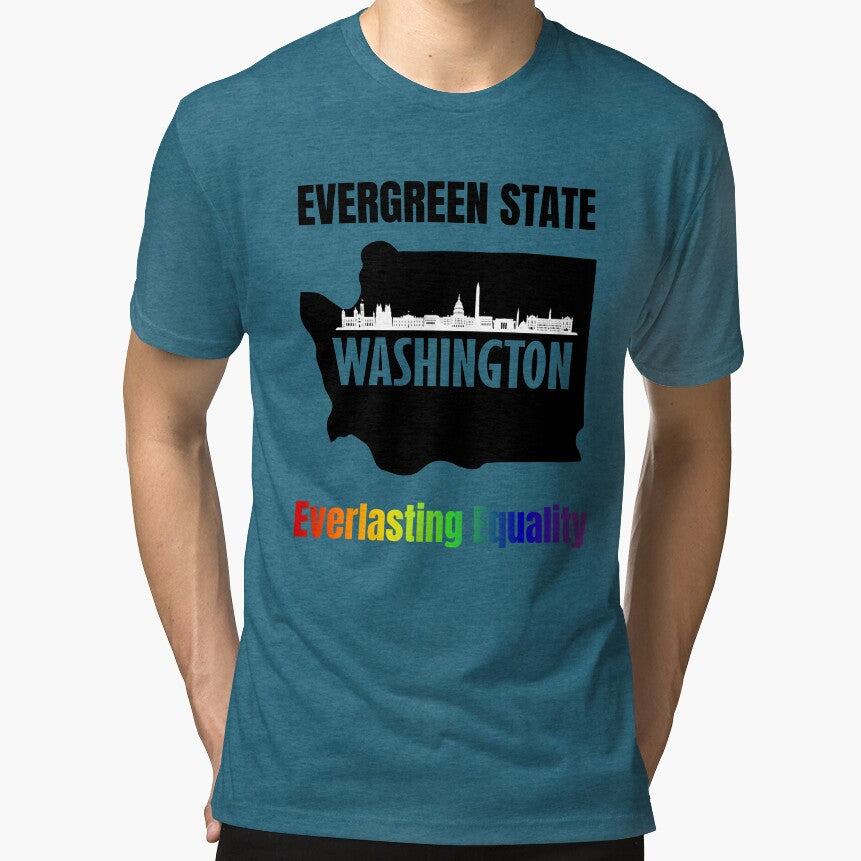 Map of Washington with skyline and slogan with rainbow color text. LGBTQ+ tees, Positive slogan Tees, evergreen state Washington everlasting equality, slogan by PrideBeProud