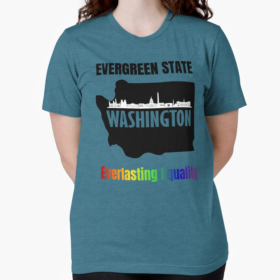 Map of Washington with skyline and slogan with rainbow color text. LGBTQ+ tees, Positive slogan Tees, evergreen state Washington everlasting equality, slogan by PrideBeProud